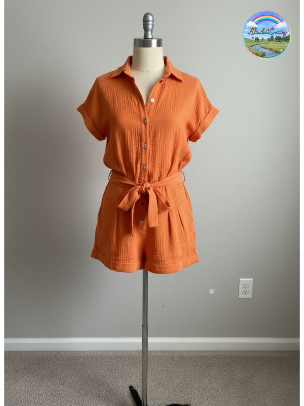 Women's Cotton Button Down Romper Short Sleeve Belted Collared Casual